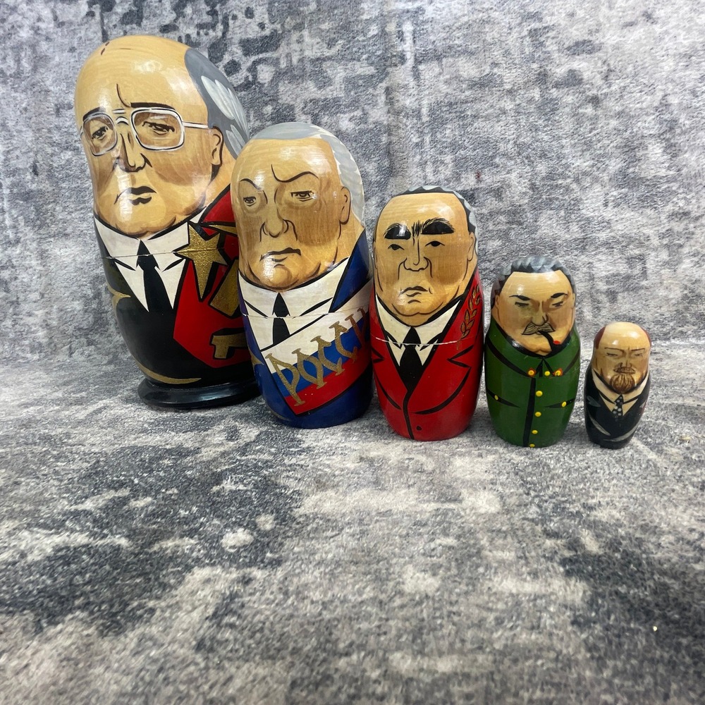 Vtg Russian Leaders Political Satire 5 Piece Matryoshka Nesting Doll Set